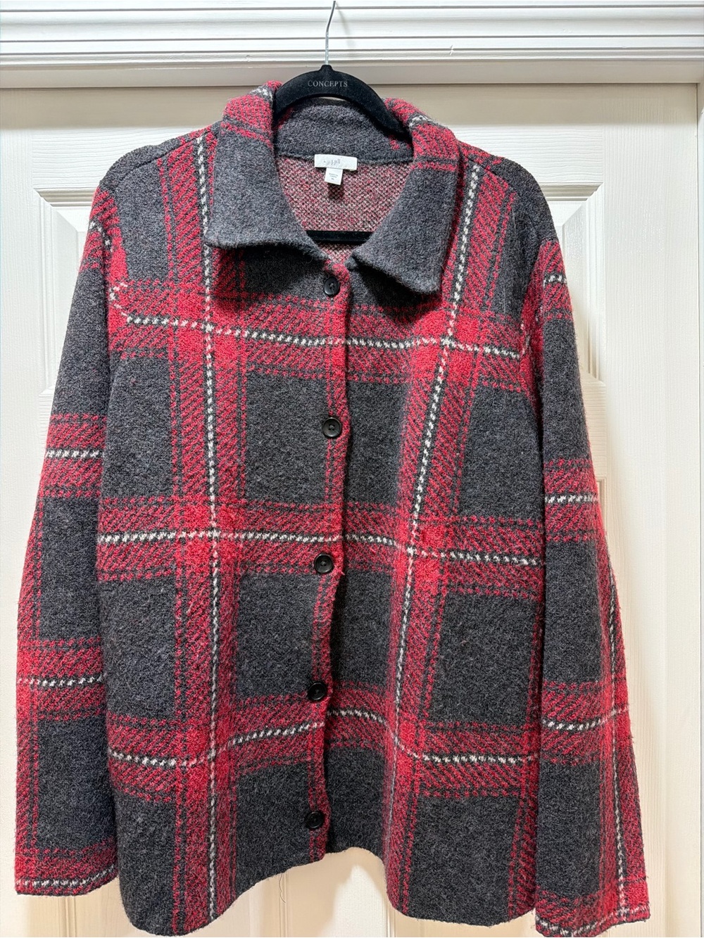 J. Jill Gray and Red Plaid Wool Blend Pea Coat